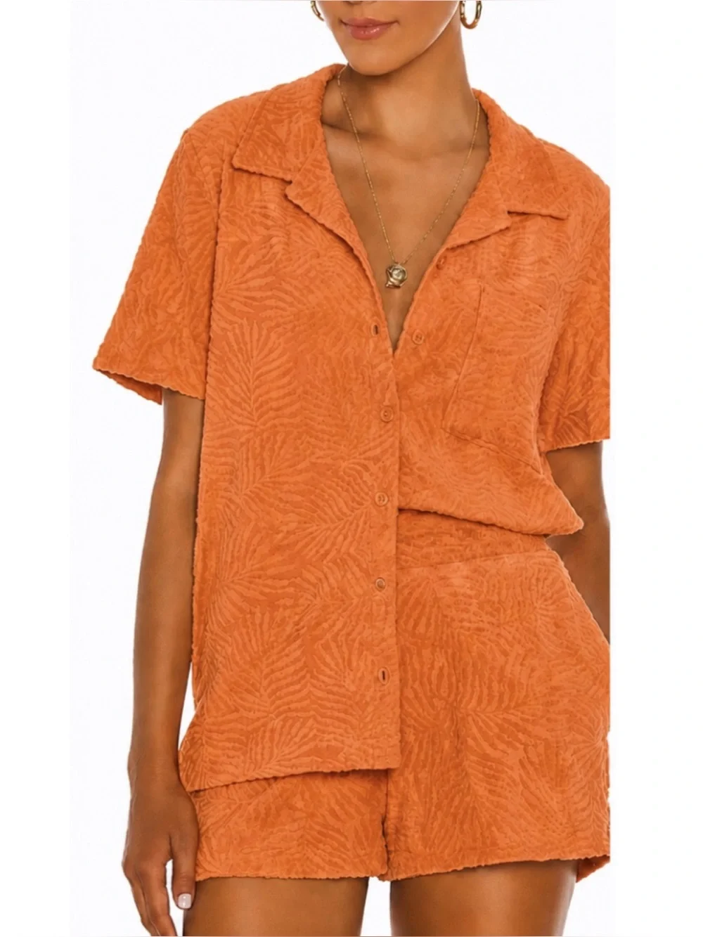 Set L*space Fronds Forever Terry Button Up Shirt and Drawstring Shorts in Orange - Picture 1 of 11